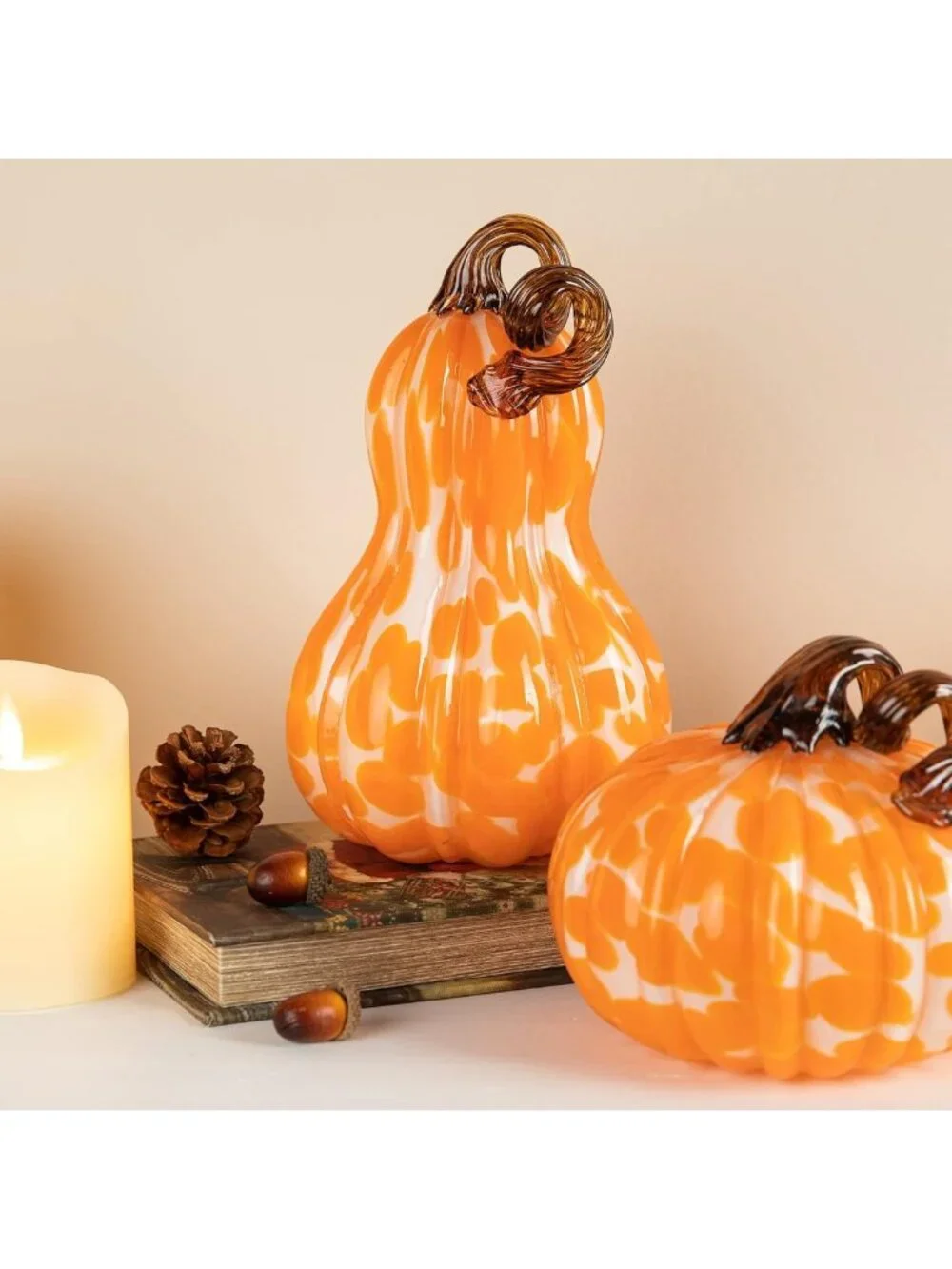 Hand Blown Glitter Glass Pumpkin Set of 3 | Fall Harvest Table Decor, Orange